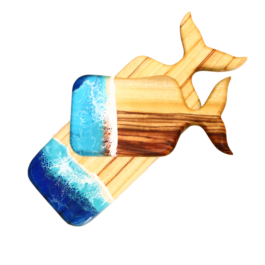 Whale Camphor Laurel Serving Board with Ocean Resin - Large