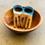 Salad serving set and wooden bowl