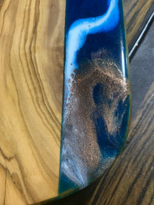 Resin on olivewood handcrafted chopping board with handle