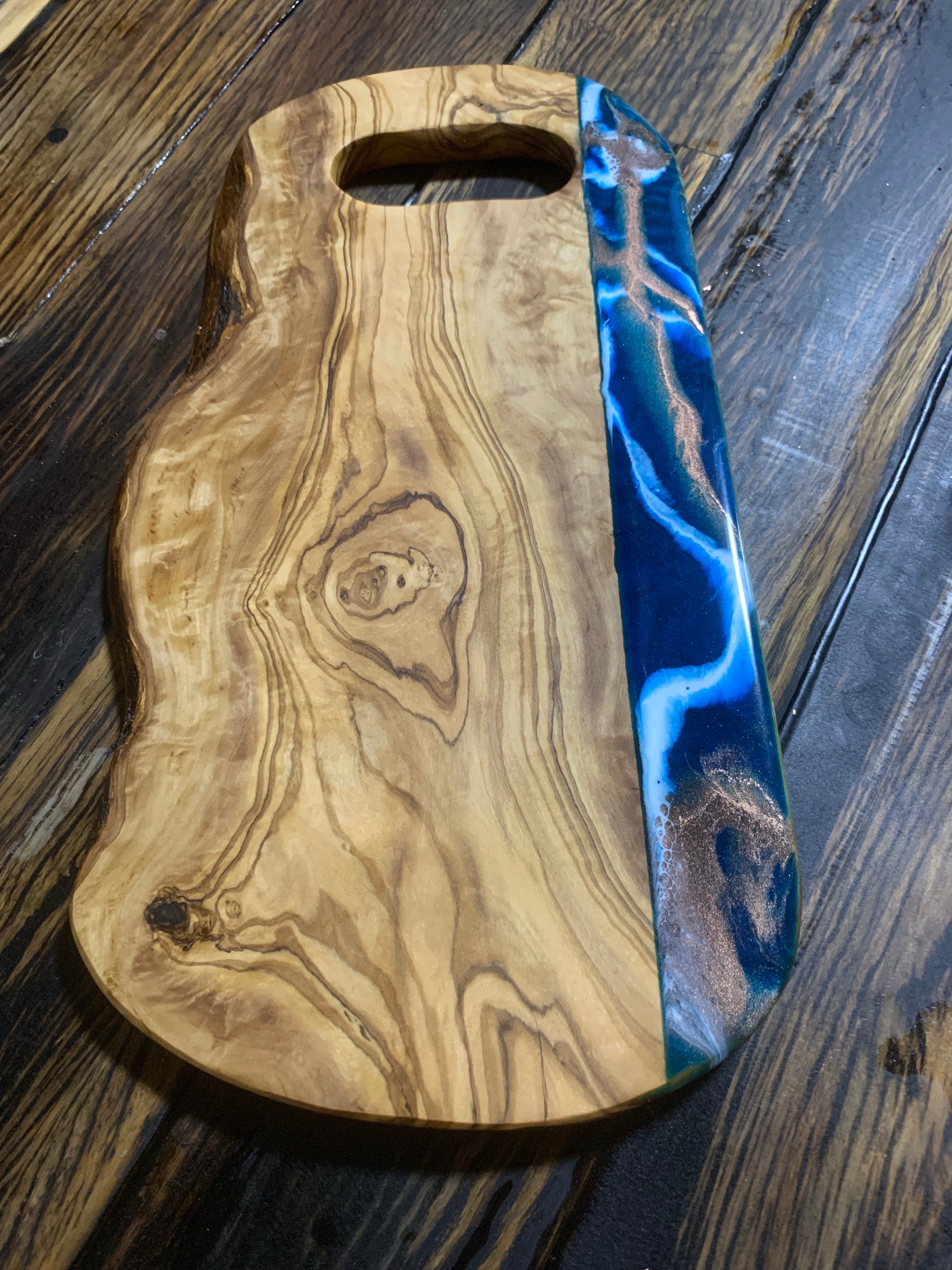 Resin on olivewood handcrafted chopping board with handle